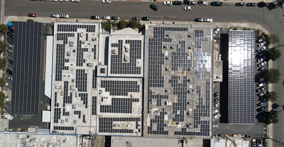 Commercial microgrid installation bird's eye view in OC, CA. Commercial microgrid installation bird's eye view in OC, CA.