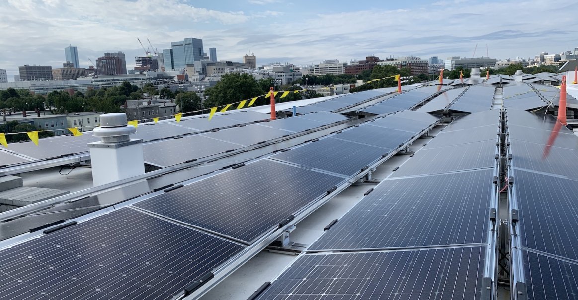 Rooftop shot of the flat roof array Rooftop Bifacial Array